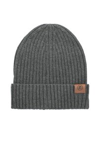 Szary, prążkowany dzianinowy czapka z podwójnym mankietem, z skórzaną metką z wytłoczonym logiem. Miękka tekstura, odpowiednia na zimną pogodę.