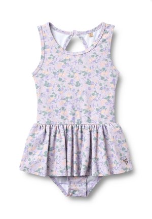 Bañador de una pieza color lavanda con estampado floral, que incluye una falda fruncida y un cierre en la parte posterior con abertura en forma de ojo de cerradura. Tejido suave y elástico con forro.