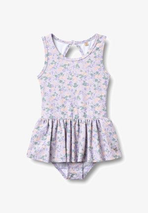 Costume intero lavanda con stampa floreale, caratterizzato da una gonna arricciata e una chiusura posteriore con apertura a goccia. Tessuto morbido ed elastico con fodera.