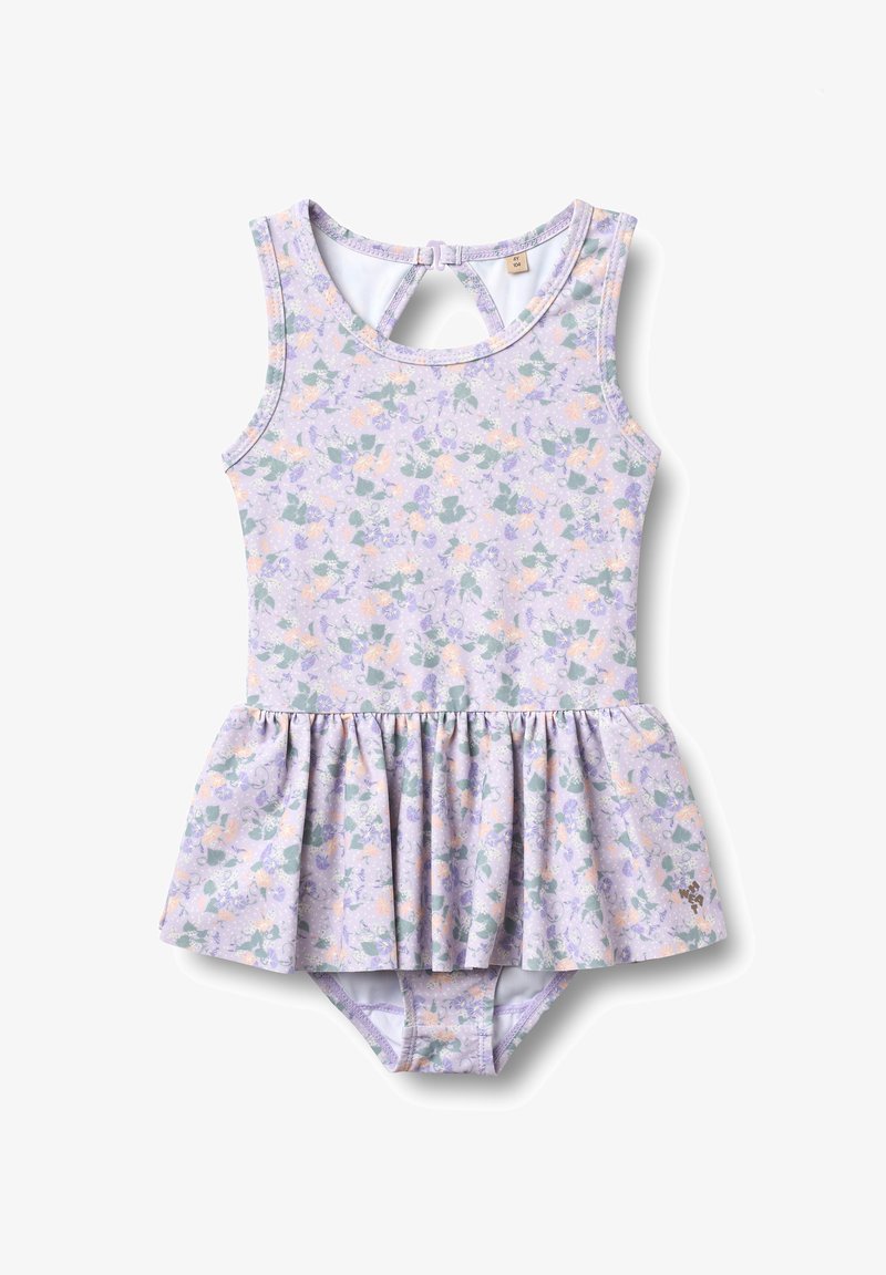 Costume intero lavanda con stampa floreale, caratterizzato da una gonna arricciata e una chiusura posteriore con apertura a goccia. Tessuto morbido ed elastico con fodera.