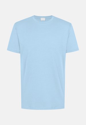 Light blue cotton t-shirt with a crew neckline, short sleeves, and a smooth, plain texture without additional patterns or embellishments.