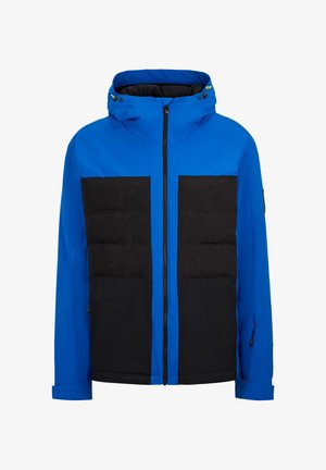 Veste isolée bleue et noire avec fermeture éclair à l'avant, capuche et design à panneaux contrastés. Tissu texturé avec poches latérales et caractéristiques ajustables.