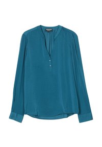 Blusa lunga teal a maniche lunghe con scollatura a V, tre bottoni al collo, spalle plissettate e orlo dritto con spacco laterale.