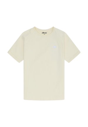 Maglietta beige a maniche corte, semplice, con scollo rotondo e piccolo logo Ellesse sulla parte superiore sinistra del petto.
