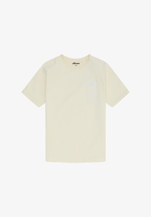 Enkelt beige T-shirt med korte ærmer, rund halsudskæring og lille Ellesse-logo på øverste venstre bryst.