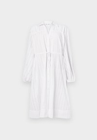 Rochie albă cu mânecă lungă, cu închidere cu nasturi, brâu legat, model din ochiuri și mâneci căptușite. Textură netedă și croială lejeră.