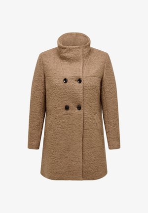 Abrigo de lana beige con cuello estructurado, diseño de doble botonadura y acentos en botones negros; presenta un acabado texturizado y mangas largas.