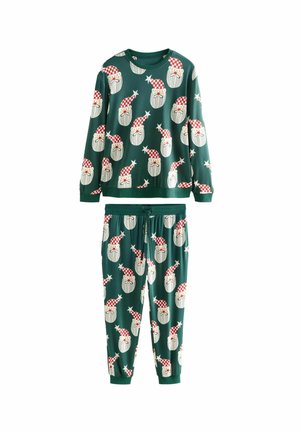 Grünes Pyjama-Set mit langärmeligen Oberteil und passenden Hosen, geschmückt mit einem sich wiederholenden Muster von Santa-Gesichtern und roten karierten Hüten.