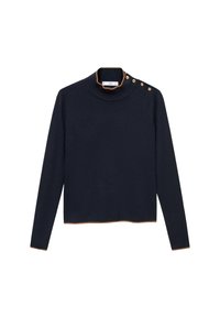 Navy long-sleeve sweater with a high neck, featuring a contrasting light brown collar and button accents on the left shoulder. Soft texture.