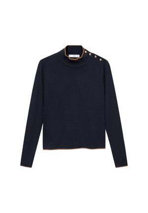 Navy long-sleeve sweater with a high neck, featuring a contrasting light brown collar and button accents on the left shoulder. Soft texture.