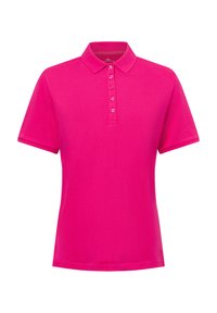 Polo shirt in felroze, gemaakt van gladde stof. Heeft een klassieke kraag en een knoopsluiting met vijf knopen. Korte mouwen met een eenvoudig ontwerp.