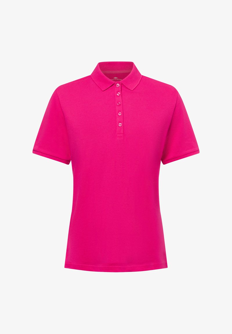 Polo tričko v jasne ružovej farbe, vyrobené z hladkej látky. Obsahuje klasický golier a zapínanie na päť gombíkov. Krátke rukávy s jednoduchým dizajnom.
