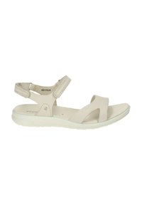 Sandalo beige con ampie cinghie incrociate, cinturino alla caviglia regolabile e suola ammortizzata. Realizzato in materiale morbido, con dettagli di cucitura discreti.