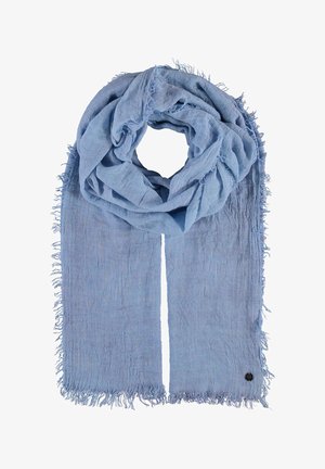 Light blue scarf featuring frayed edges, made of lightweight fabric with a textured finish. Oval accent with a small black detail at one end.