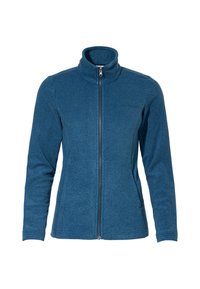 Giacca di pile con zip di colore blu teal, caratterizzata da un colletto alto, maniche lunghe e un design elegante senza motivi visibili o dettagli in metallo.