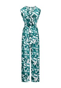 Groene jumpsuit met witte bladprint, mouwloos ontwerp, V-hals, getailleerde taille met een strikceintuur en wijde broekspijpen. Lichtgewicht stof.