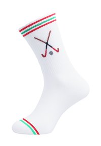 Weißer Sportsocken mit roten und grünen Streifen an Saum und Spitze, mit gekreuzten braunen und roten Hockeyschlägern und einem grauen Ballgrafik.