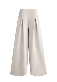 Wijduitlopende pantalon in lichtbeige, gemaakt van een soepele stof. Voorzien van plooien aan de voorkant, een gestroomlijnde vorm en geen zichtbare hardware.