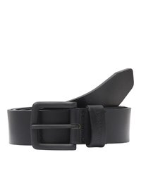 Black leather belt with a rectangular matte black metal buckle. The belt has a smooth texture and a solid design without visible patterns.