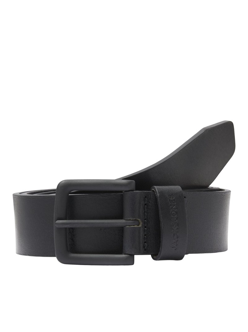 Black leather belt with a rectangular matte black metal buckle. The belt has a smooth texture and a solid design without visible patterns.