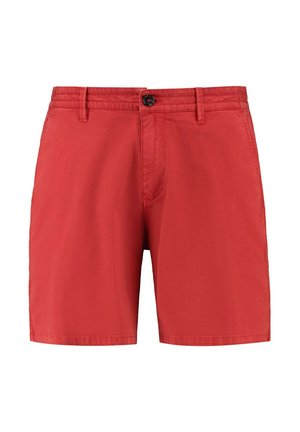 Red cotton shorts with a button closure, belt loops, and a smooth texture, featuring a simple, solid design without patterns.