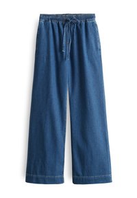 Pantalon en jean bleu à jambes larges, taille élastique, cordon de serrage et poches latérales, présenté à plat sur fond blanc.