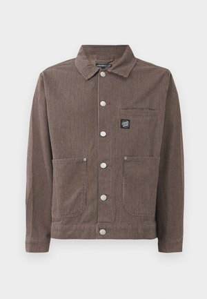 Brown and dark striped button-up jacket with collar, three front silver buttons, two lower pockets, one chest pocket, and a small logo patch.