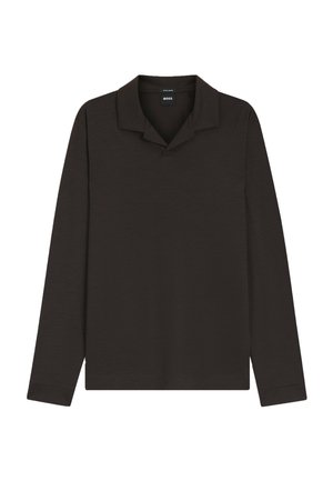 Polo noir à manches longues en mélange de laine avec un petit col et sans boutons visibles, étiqueté BOSS à l’intérieur de l’étiquette du cou.
