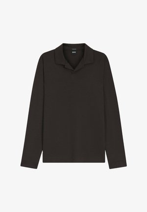 Polo noir à manches longues en mélange de laine avec un petit col et sans boutons visibles, étiqueté BOSS à l’intérieur de l’étiquette du cou.