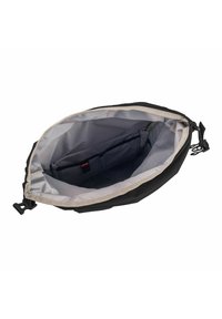 Sac en tissu noir avec un intérieur gris, doté d'une fermeture éclair, de poches internes et d'une forme flexible. Convient à divers besoins de rangement.