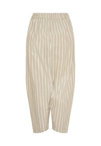 Beige, lette bukser med lodrette hvide striber, der har en elastisk linning og en afslappet, tapered pasform med sidelommer.