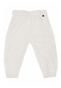 Pantaloni cargo bianchi con cintura elasticizzata, tasche laterali e polsini elasticizzati alle caviglie. Tessuto liscio con finitura opaca.
