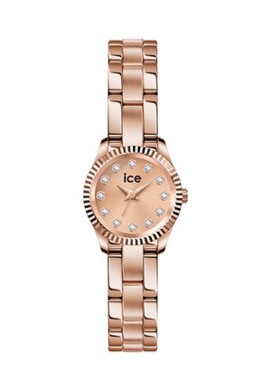 Náramkové hodinky z růžového zlata s kulatým ciferníkem, křišťálovými hodinovými značkami, třemi ručičkami a značkou „ice“ na ciferníku.