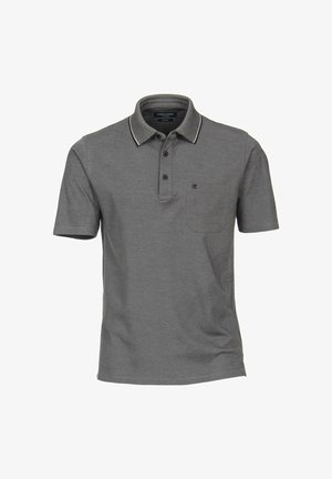 Graues Poloshirt mit Kragen, kurzen Ärmeln und drei Knöpfen. Verfügt über eine Tasche auf der linken Brust und einen kontrastierenden Saum am Kragen.