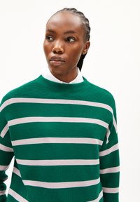 Grüner gestreifter Pullover mit horizontalen weißen Streifen, ausgestattet mit einem hohen Kragen und einem strukturierten Strickstoff. Darunter befindet sich ein schichtweise angezogene weiße Bluse mit Kragen.