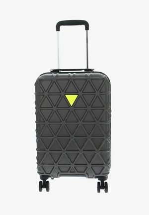 Valigia rigida nera con un motivo geometrico testurizzato. Dotata di manico telescopico e quattro ruote per una facile mobilità.