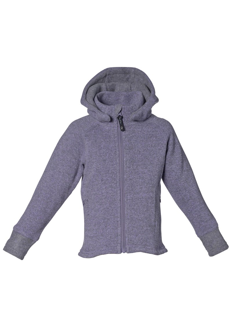 Grå lynlås hoodie lavet af tekstureret stof, med en høj krave, to sidelommer og ribbede manchetter. Huven har et dobbelt lag design.