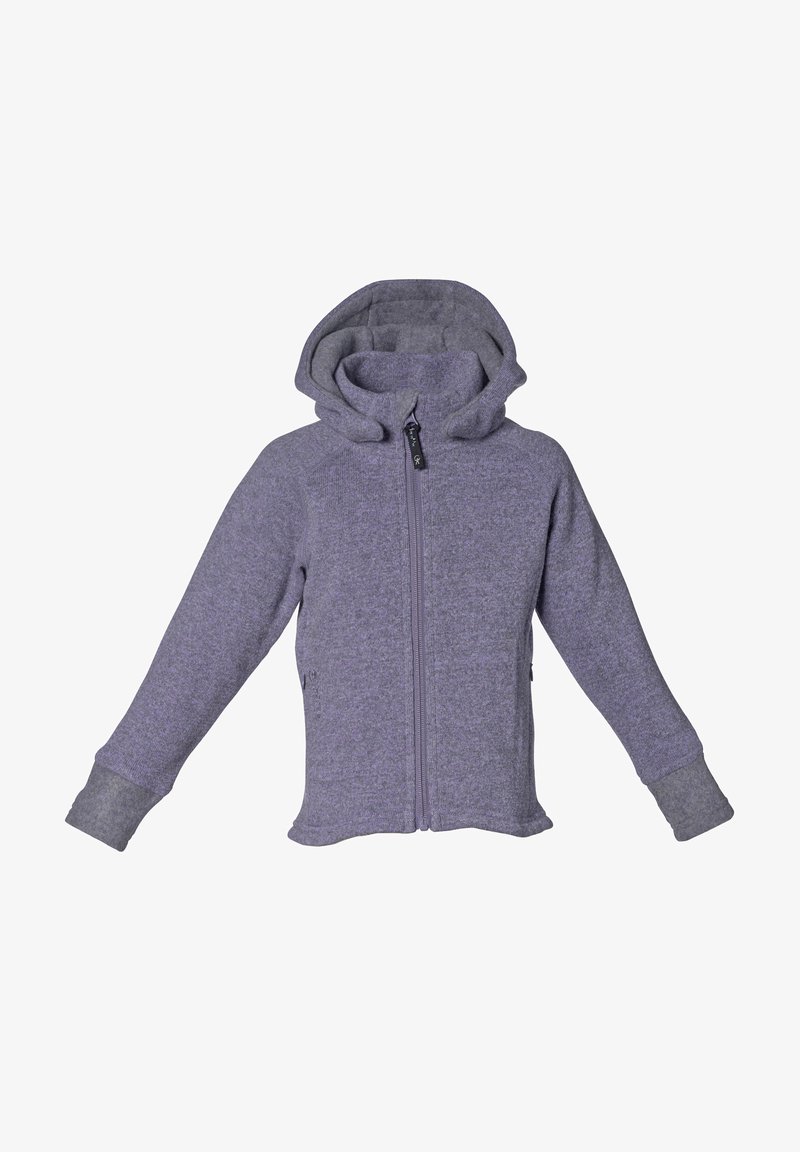 Grå zip-up hoodie gjord av texturerat tyg, med hög krage, två sidofickor och ribbad mudd. Huvan har en dubbellagersdesign.