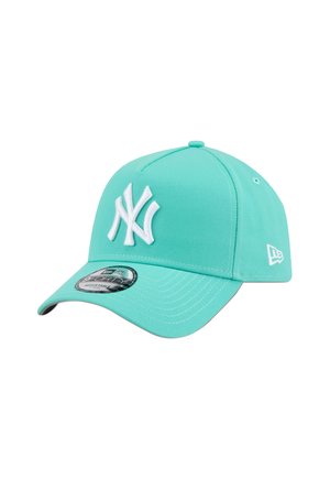 Turquoise baseball cap with white New York Yankees logo, adjustable fit, smooth fabric, and curved brim. Side features small logo detail.