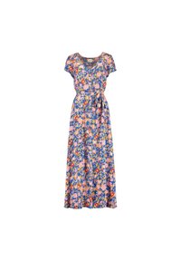 Blumen-Maxi-Kleid in Blau mit kurzen Ärmeln, V-Ausschnitt und tailliertem Gürtel. Mit lebhaften Mustern von rosa und orangen Blumen.