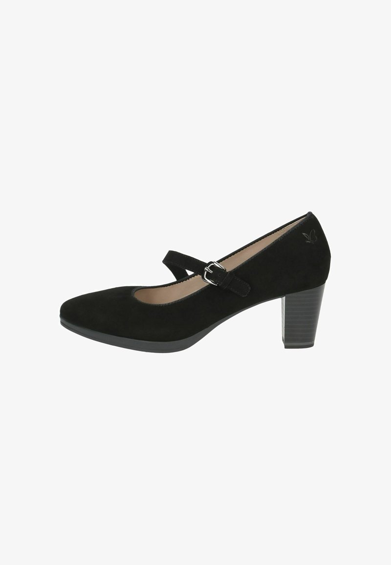 Chaussure en suède noir de style Mary Jane avec un bout arrondi, une sangle à boucle sur le milieu du pied et un talon bloc texturé. Doublure intérieure lisse.