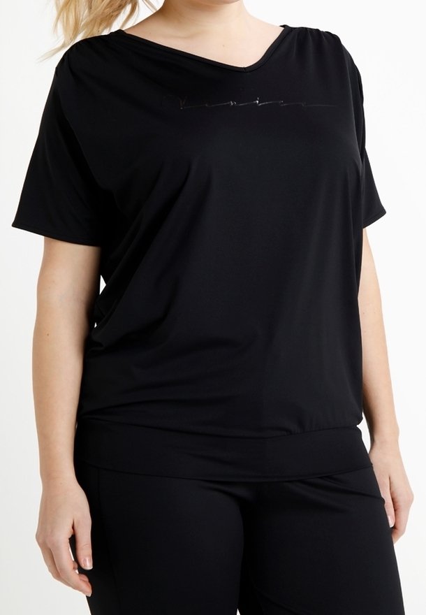 Black short-sleeved top in lightweight fabric with a v-neck, featuring a glossy script logo across the chest and a relaxed fit.