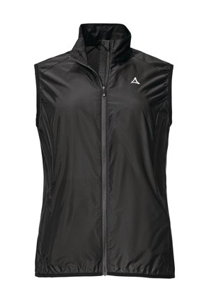 Schwarze ärmellose Weste mit hohem Kragen, aus leichtem, glänzendem Material. Mit einem Reißverschluss vorne und seitlichen Taschen. Logo auf der Brust.