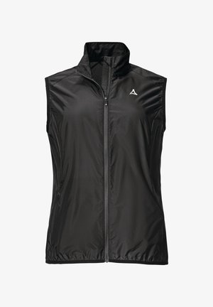 Schwarze ärmellose Weste mit hohem Kragen, aus leichtem, glänzendem Material. Mit einem Reißverschluss vorne und seitlichen Taschen. Logo auf der Brust.