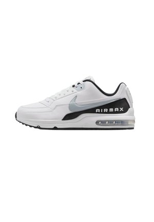 Scarpa da ginnastica Nike Air Max bianca con swoosh grigio, dettagli neri, suola con cuscinetto d'aria visibile e design con lacci, vista laterale.