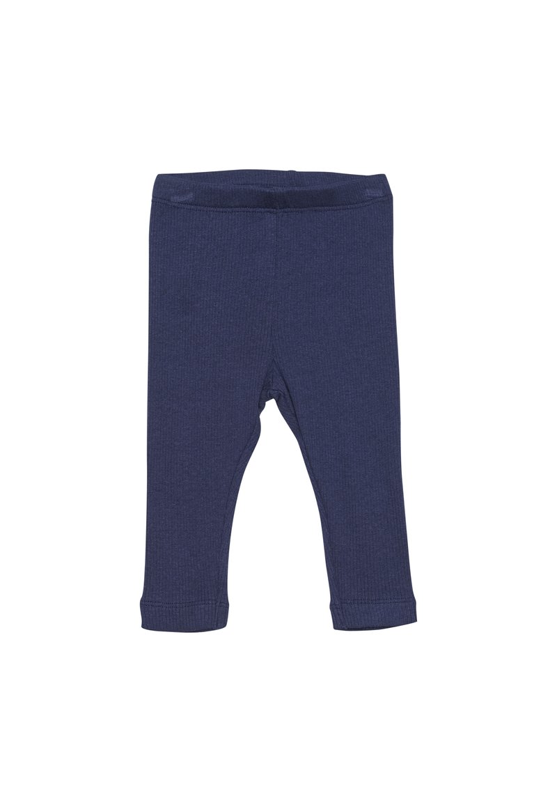 Donkerblauwe leggings van ribbelstof, met een elastische tailleband en afgewerkte boorden, ontworpen voor een comfortabele pasvorm.