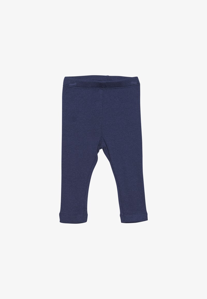 Donkerblauwe leggings van ribbelstof, met een elastische tailleband en afgewerkte boorden, ontworpen voor een comfortabele pasvorm.