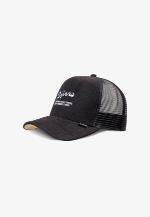 Black cap with a soft, textured fabric front and mesh back. Features curved brim and embroidered text on the front. Adjustable strap at the back.