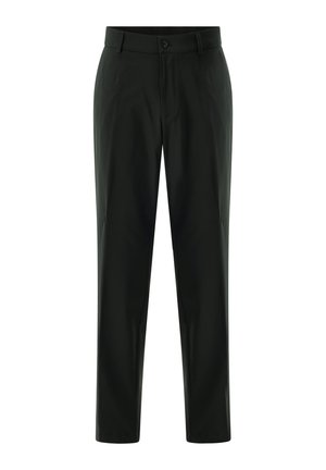 Black straight-leg formal trousers with belt loops, front button, and zip closure, designed for a tailored fit.