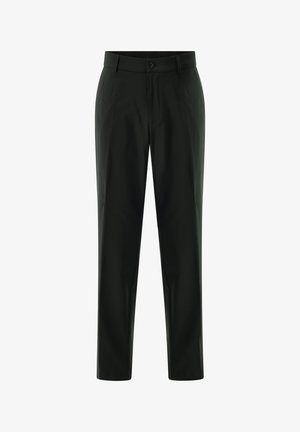 Black straight-leg formal trousers with belt loops, front button, and zip closure, designed for a tailored fit.